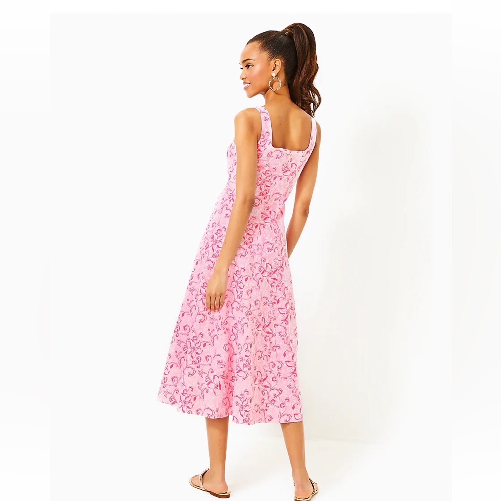 NWT Lilly Pulitzer Calina Linen Flamingle Garden Print Midi Dress Size 10 - Picture 5 of 9